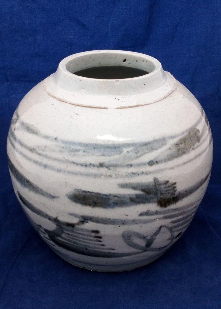 Chinese Stoneware Storage Jar Painted Riverscape 19th C Antique