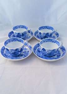 Miles Mason Porcelain Bute Cups Saucers Blue and White Broseley Pattern c 1810