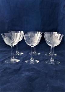 Art Deco Wine Liqueur or Cocktail Glasses Set of Six Cut and Etched PB c 1920