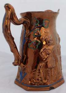 Octagonal Copper Lustre Jug Low Relief Moulded Hunters Dog Hawk c 1840