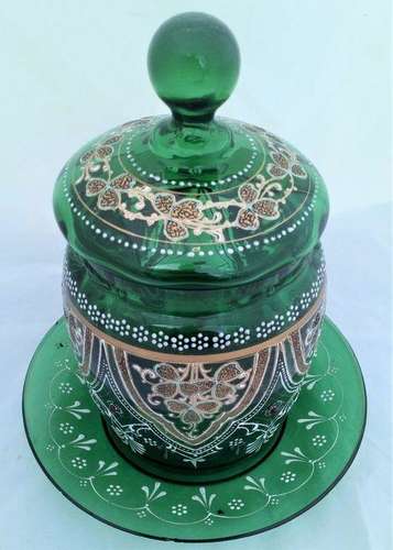 Green Glass Biscuit Barrel and Stand Enamelled Gilded Jewelled Antique Victorian c 1880