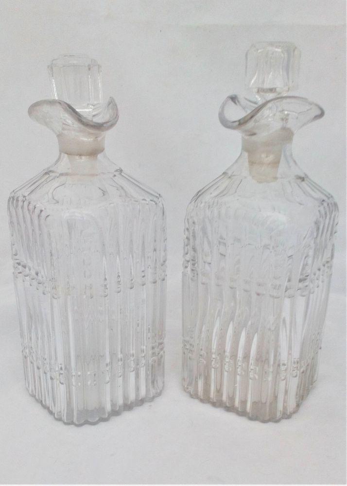 Pair of Georgian Square Cut Irish Glass Pint Decanters Spouted Pouring Lip c 1820