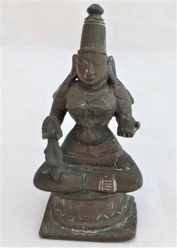 South Indian Bronze Figure of Seated Hindu Goddess Saraswati Antique 19th C