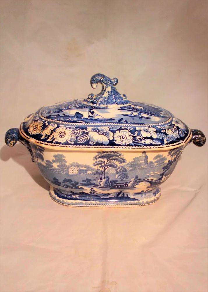Wild Rose Nuneham Courtenay Large Soup Tureen Pottery Blue and White Antique c 1830