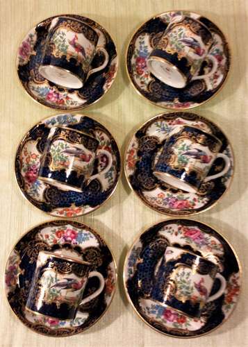 Set of Six Booths Silicon China Coffee Cans Blue Scale Ground Exotic Birds Pattern c 1900