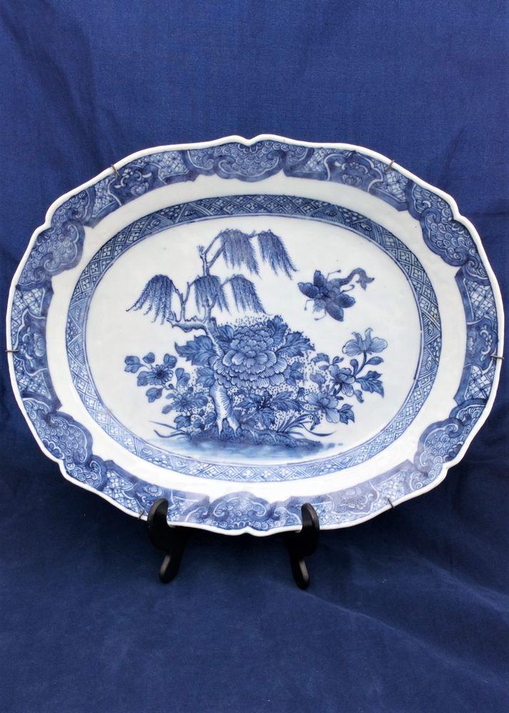 Antique Chinese Porcelain Oval Platter Blue and White Butterfly Qianlong Qing circa1770