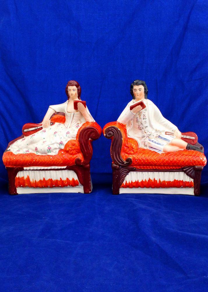 Pair Antique Victorian Staffordshire Pottery Flatback Figurines of a Male and Female Musician Recumbent on Chaise Longue or Sofas circa 1880