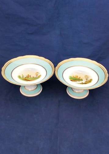 Pair Antique Victorian Porcelain Hand Painted Landscape Tazzas Comports Compotes circa 1860
