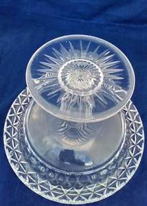 Antique Victorian Turn Over Rim Cut Glass Bowl Comport Compote or Tazza Round Star Cut Foot Hollow Inverted Baluster Facet Cut Stem circa 1850