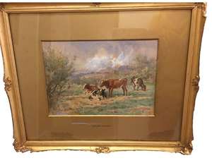 Antique Gilt Framed Glazed and Mounted Claude Cardon Watercolour Painting titled A Summers Day - Cows in a field rural pastoral scene circa 1900