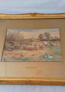 Antique Gilt Framed Glazed and Gilt Mounted Claude Cardon Watercolour  painting Titled A Field at Whitstable Kent with sheep and ducks circa 1900