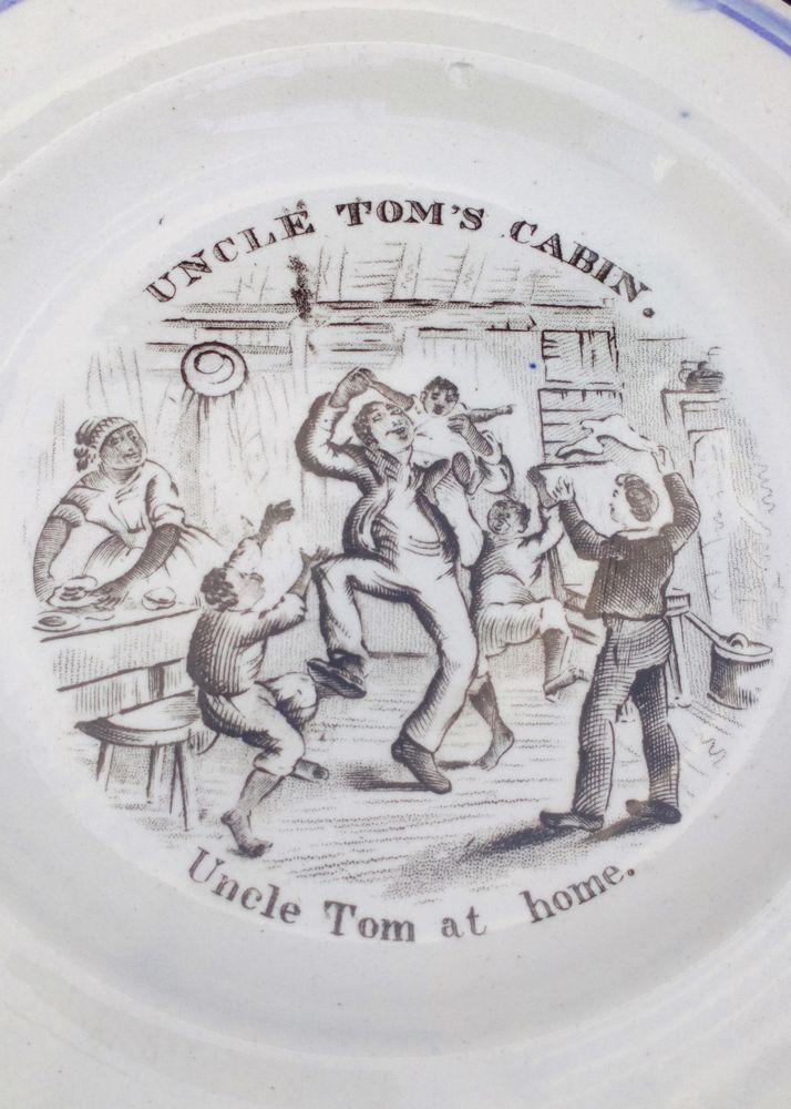 Antique Transferware pearlware Plate based upon the  Anti Slavery Novel Uncle Tom's Cabin by Harriet Beecher Stowe with a black printed pattern Uncle Tom at Home by George Cruikshank circa 1855 Print
