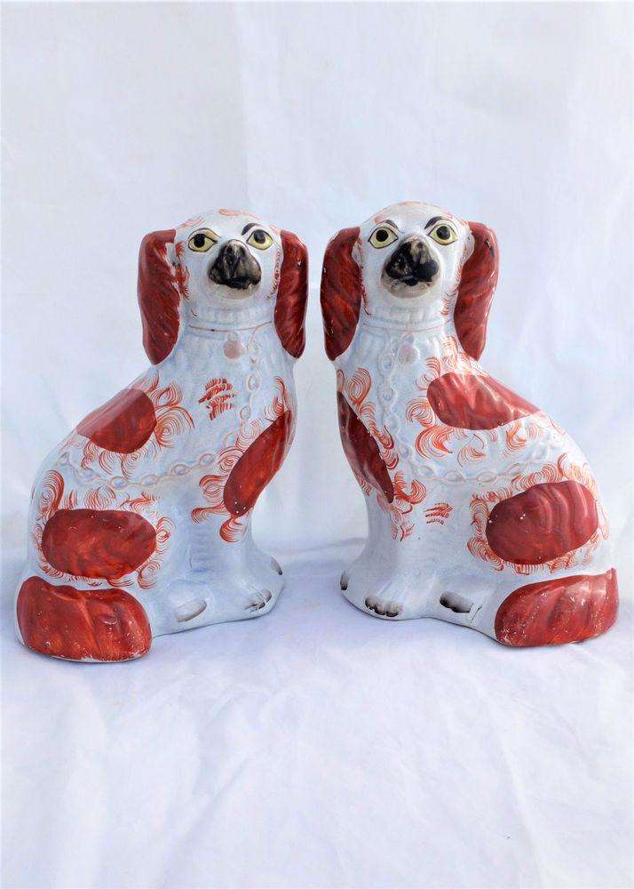 Antique Pair Staffordshire Pottery Dogs Russet and White Spaniels 10 inches high circa 1870
