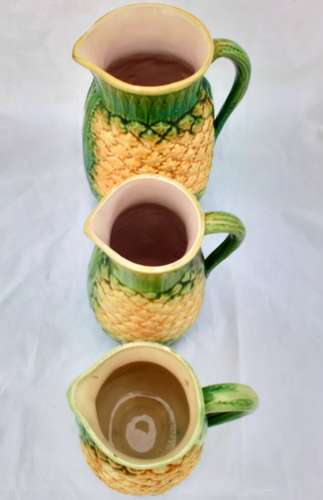 Antique Victorian Majolica Pineapple Jugs Graduated Set of Three Naturalistically Moulded Green and Yellow Glaze  circa 1870