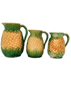 Antique Victorian Majolica Pineapple Jugs Graduated Set of Three Naturalistically Moulded Green and Yellow Glaze  circa 1870