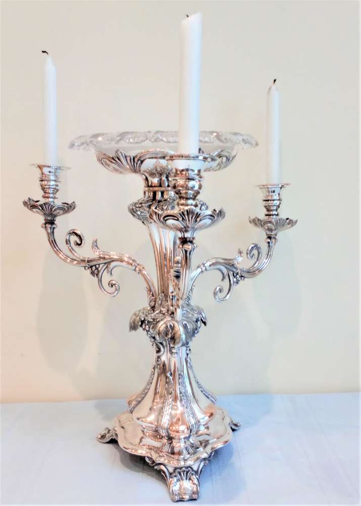 Large antique Victorian silver plated on copper centrepiece with cut glass turn over rim epergne and three branch arm candelabrum circa 1840
