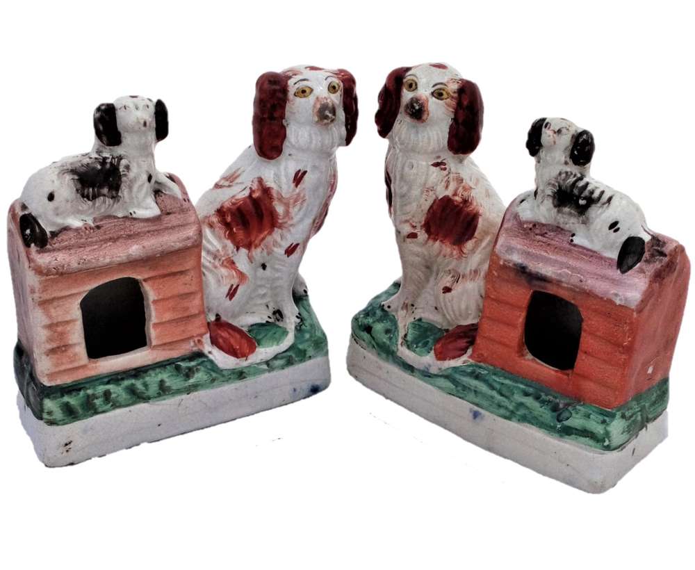 Antique Pair Staffordshire Figure Group Staffordshire Dogs with Puppies sat on Kennel roof circa 1860