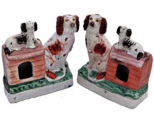 Antique Pair Staffordshire Figure Group Staffordshire Dogs with Puppies sat on Kennel roof circa 1860