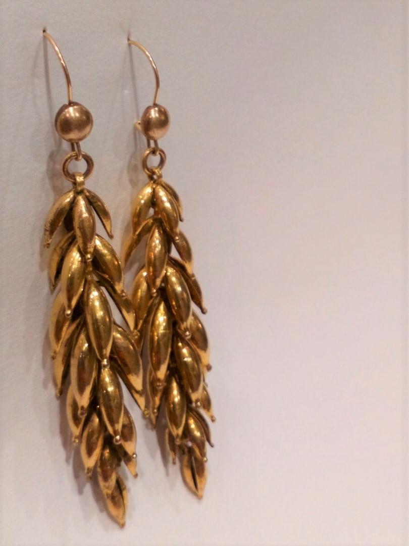 Antique Victorian Yellow Metal Articulated Long Cluster Earrings c 1870 3 inches