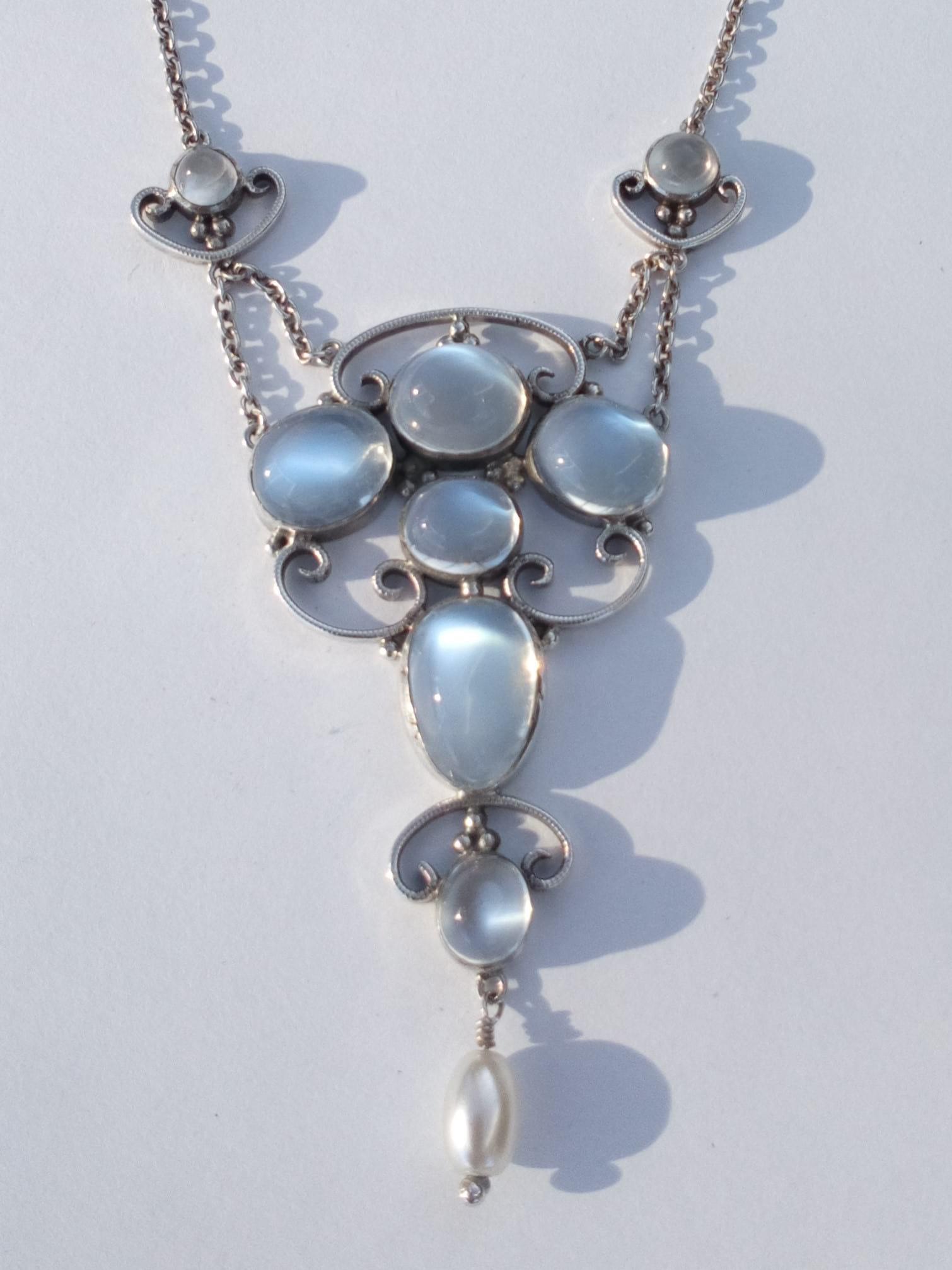 Antique Arts and Crafts Silver Moonstone Dropper Pendant Lavaliere Necklace circa 1910