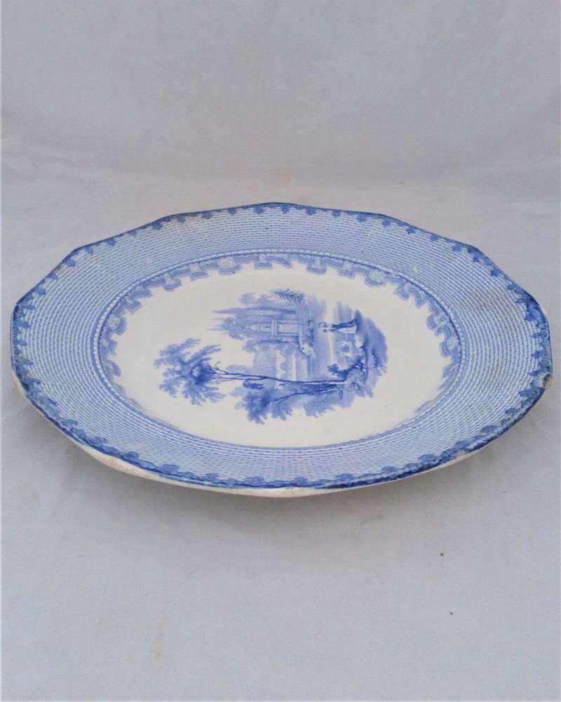 Victorian Blue and White Dinner Plate Romantic Pattern No 15 Geometric border c 1850