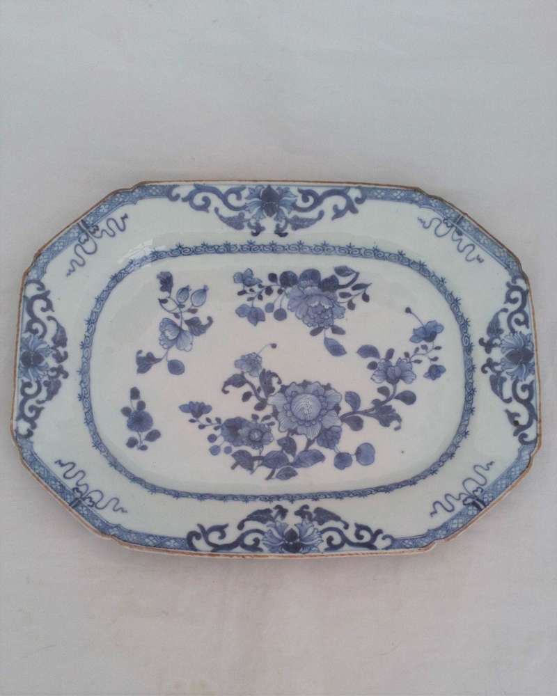 Antique Chinese Porcelain Platter Blue White Peony Batavian Rim Qianlong circa 1750