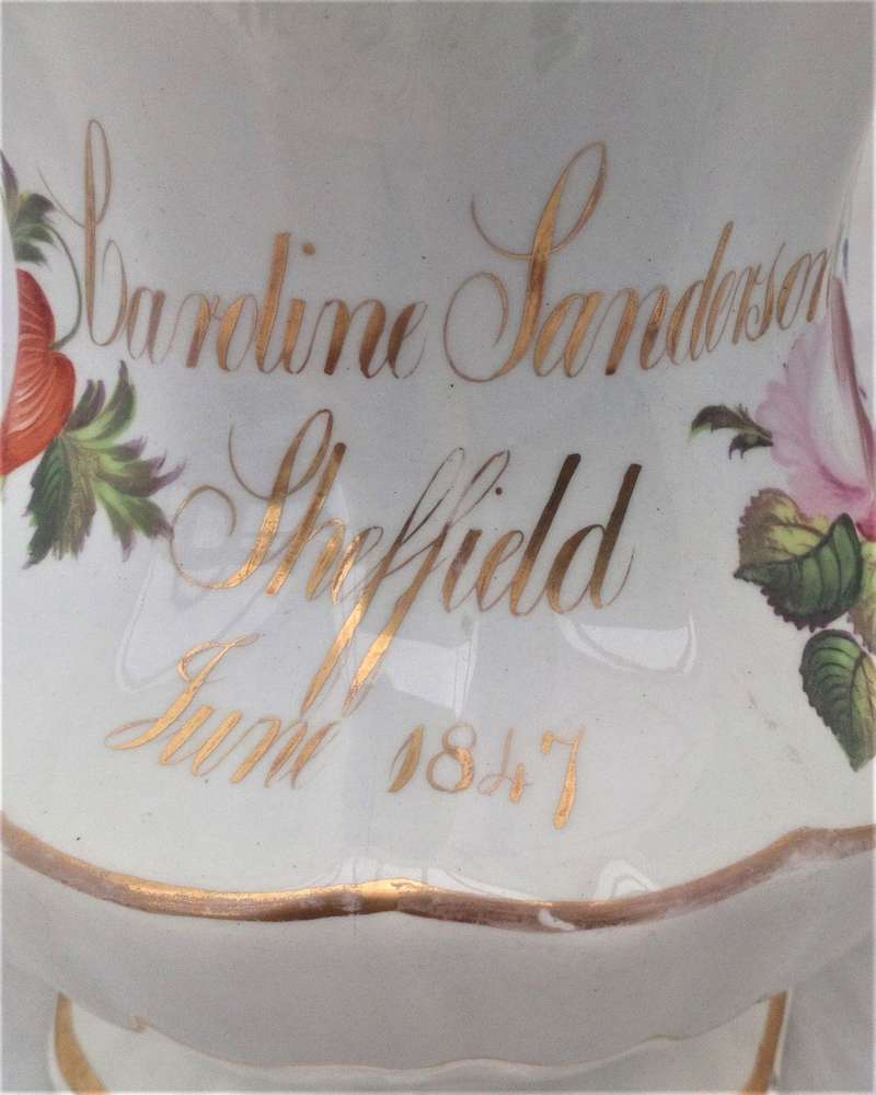 Antique Isaac Baguley Rockingham Porcelain Quart Jug with a scrolling gilt inscription Caroline Sanderson Sheffield 1847  capacity of two pints or a quart.