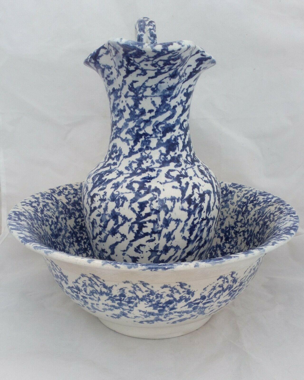 Antique Blue and White Spongeware Spatterware Pottery Toilet Jug and Basin 1850