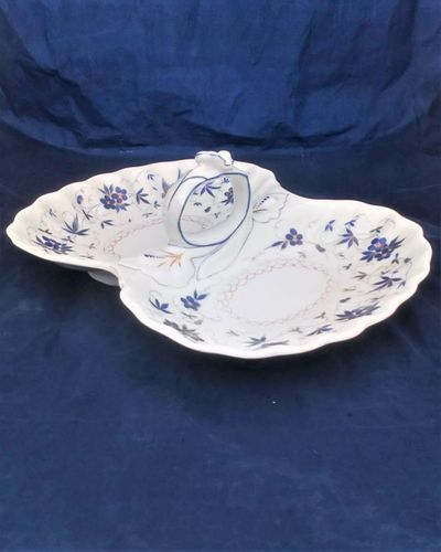 Antique German porcelain hors d'ouevres dish with loop handle decorted with blue flowrs and birds with gided highlights. Marked on the base KPM for Krister Porzellan-Manufaktur of Waldenburg circa 1860.
