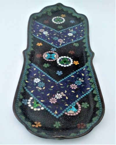 An antique Japanese shippo aventurine cloisonne enamel pen tray decorated with a floral and chevron geometric pattern with Chakin Seki  or tea goldstone highlights made in the Meiji period circa 1900.