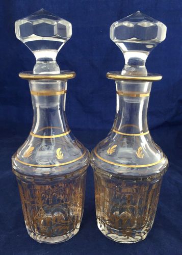 Antique Pair Cut Glass Eau de Cologne Scent Bottles Gilded Decor French circa 1860