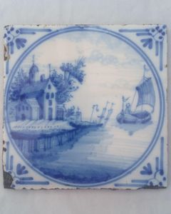 Antique 18th century Dutch Delft Tile Blue and White Harbour Seascape