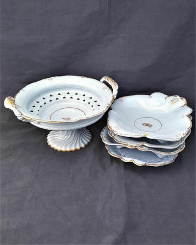 Antique William Ridgway & Co Pale Blue Earthenware Part Dessert Service circa 1830 - low relief moulded pierced and gilded with handles five pieces