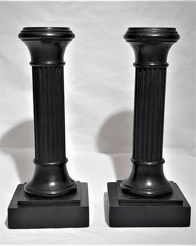 Pair of antique Edwardian Ebony ribbed Doric column wooden candlesticks 6 inches high circa 1905