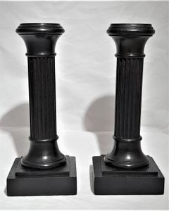 Pair of antique Edwardian Ebony ribbed Doric column wooden candlesticks 6 inches high circa 1905
