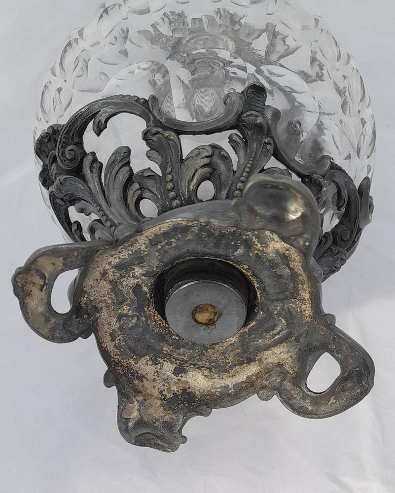 French ornate gothic scroll white metal mounted cut glass claret jug antique circa 1870 - shaft & globe shape decorated with thumb cuts & faceted neck 13 inches 1 1/2 pint capacity.