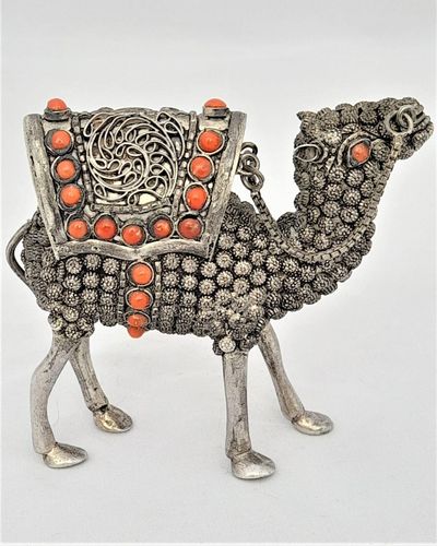 Vintage Sterling silver & coral dromedary camel ornament with mahawi possibly North Arabian - stamped 925 - 7 cm high 8 cm long weight 90 grammes