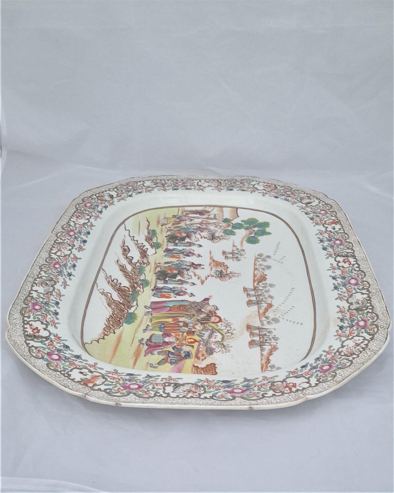 Large Antique Porcelain Platter Transferware Chinoiserie Harbour Scene pattern circa 1820 18th century Qing Chinese Style 56 cm long 41 cm wide 3.7 kg