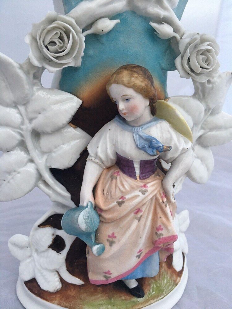 Antique French Paris Porcelain Large Vase with Applied Figurine of a Female Gardener holding a Watering Can and Floral Encrusted circa 1860 28 cm high