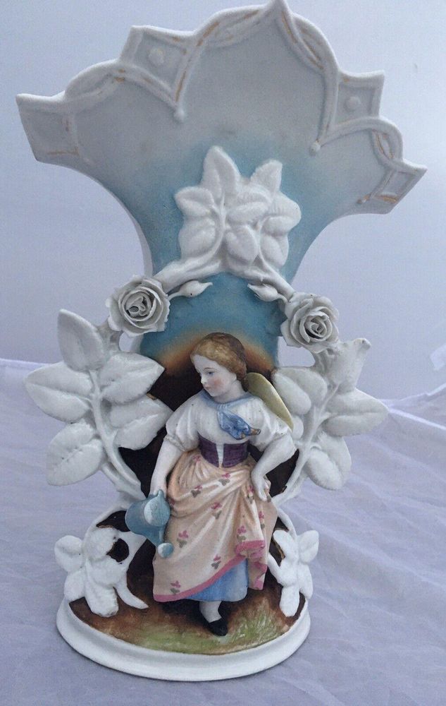 Antique French Paris Porcelain Large Vase with Applied Figurine of a Female Gardener holding a Watering Can and Floral Encrusted circa 1860 28 cm high