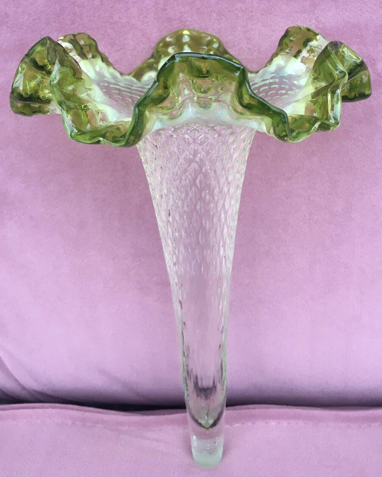 Antique Victorian Green Vaseline Quilted Glass Epergne Trumpet Crimped Rim 20cm
