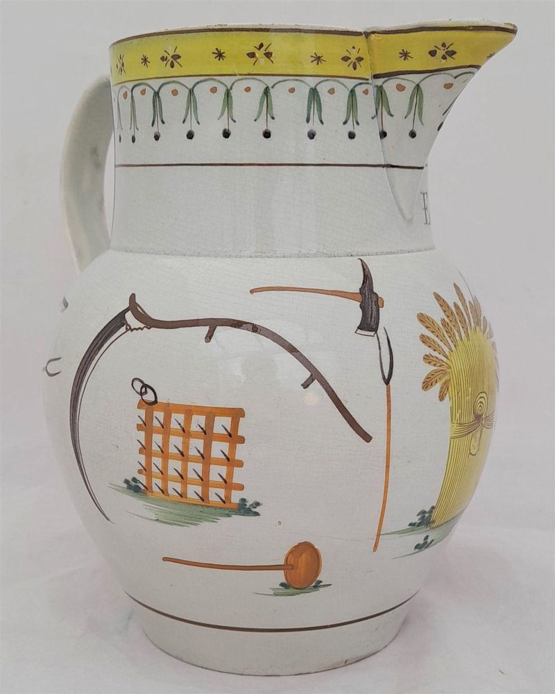 Pearlware high temperature underglaze decorated jug painted name - Edward Croston and farm implement  - Antique circa 1800 - prattware - capacity 2.5 pints or 1.45 litres - 17.5 cm high