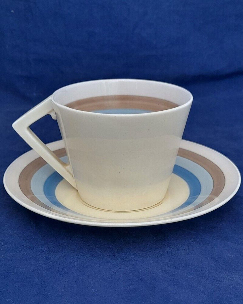 Art Deco Wilkinson Clarice Cliff Striped Open Conical Handle Cup & Saucer 1930s