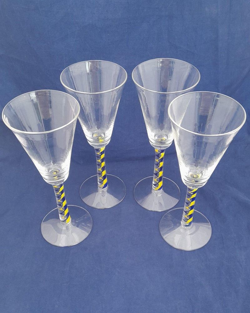 Four Vintage Mike Hunter Twists Studio Wine Glasses Blue & Yellow Colour Twist Stems Signed - Made in the Georgian style in Selkirk in Scotland 2010
