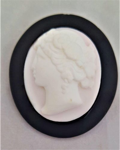 Antique Whitby Jet Oval Brooch frame mounted with a Pale Shell Cameo Carved with the Goddess Flora in High Relief Well Carved Victorian circa 1870