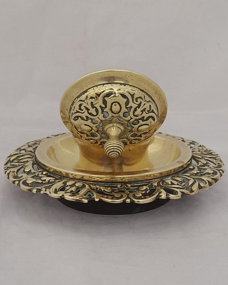 Antique neo rococo style brass hinged lidded inkwell with liner & pen stand cast rococo scroll decoration circa 1870