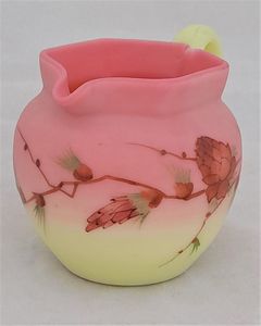 Antique Victorian Thomas Webb Queen's Burmese glass jug hand painted pine branch circa 1890 - peach pink & yellow globular body with an hexagonal rim