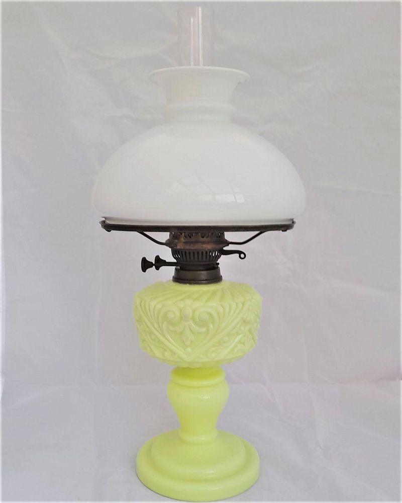 Antique Uranium Glass Oil lamp duplex burner marked - Lewtas - National Lamp Works - circa 1890 - complete duplex burner chimney shade & carrier 57cm