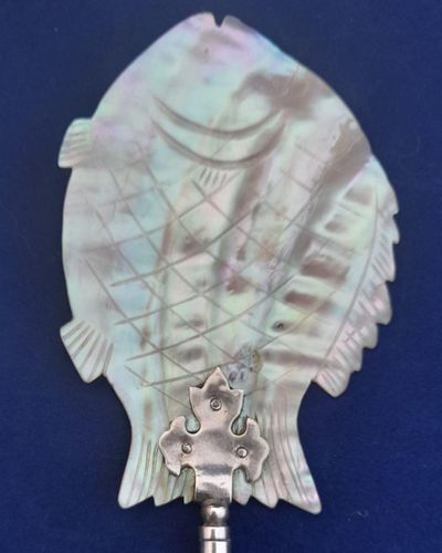 Palais Royal Mother of Pearl Fish Caviar or Salad servers with silver plated brass handles Antique French Grand Tour 1880