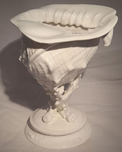 Antique Wedgwood White Porcelain Centrepiece - Fine Bone China Conch Shell sat Upon Coral on a round base - Victorian circa 1900 - 24.8 cm H 19 cm L